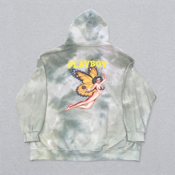 PLAYBOY Other - Playboy Hoodie L Butterfly Pinup Back Print Green Tie Dye August 1967 Pullover